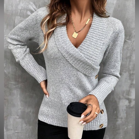 Boho shawl button detail sweater top - Picture 2 of 16